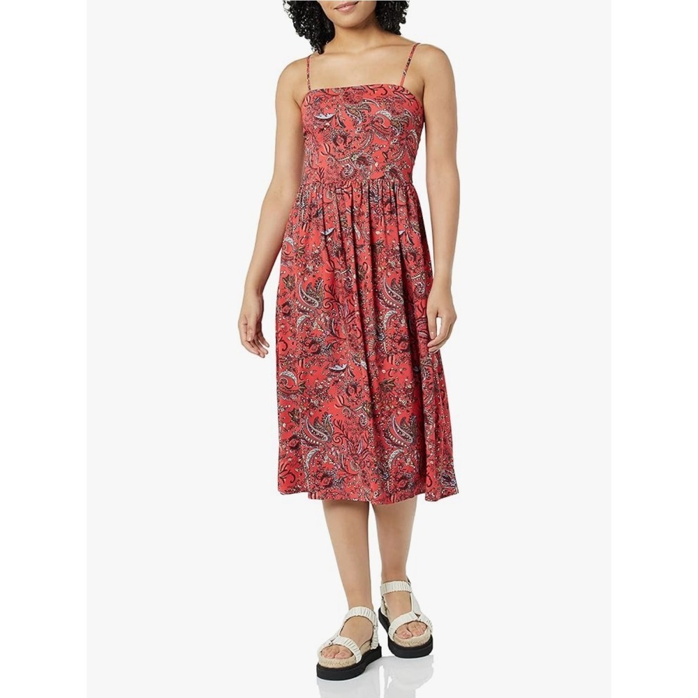 NWT Goodthreads Womens Red Paisley Smocked Back Midi Dress Pockets Small